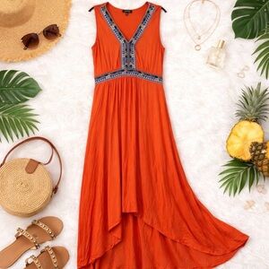SPENSE Women's Orange High Low Maxi Embroidered Metal Beads Sleeveless Dress M